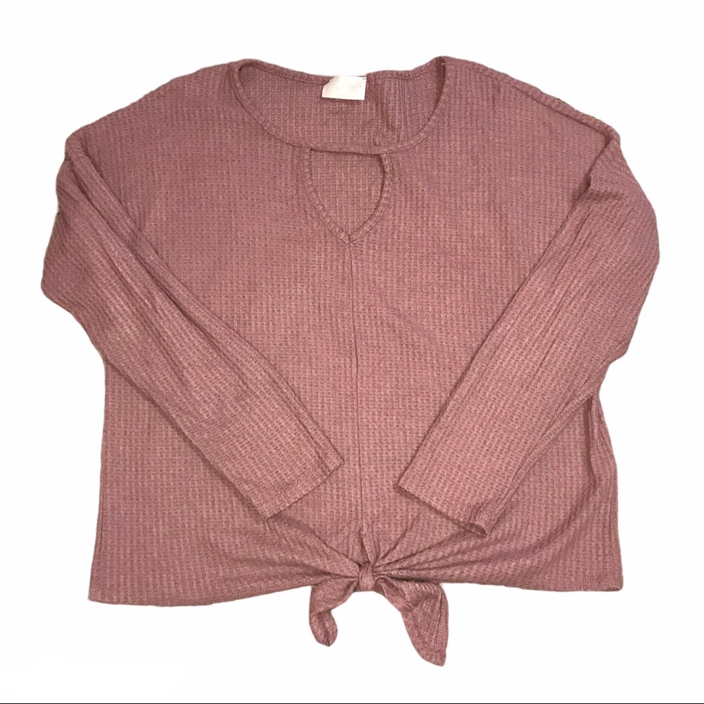 Purple waffle knit knotted hem long sleeve top